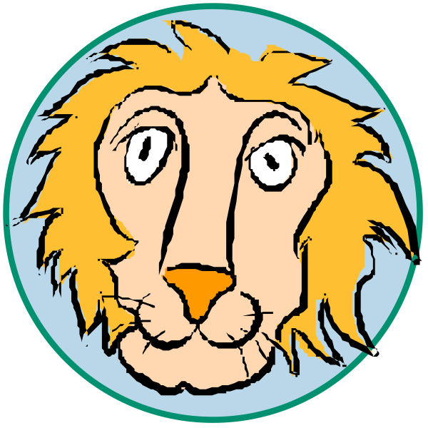 The image shows two circular stickers with a cartoon lion's face on each side of an animal that resembles a giraffe in between them; both lions have exaggerated facial expressions and one has its tongue sticking out, while the other is looking surprised or confused.