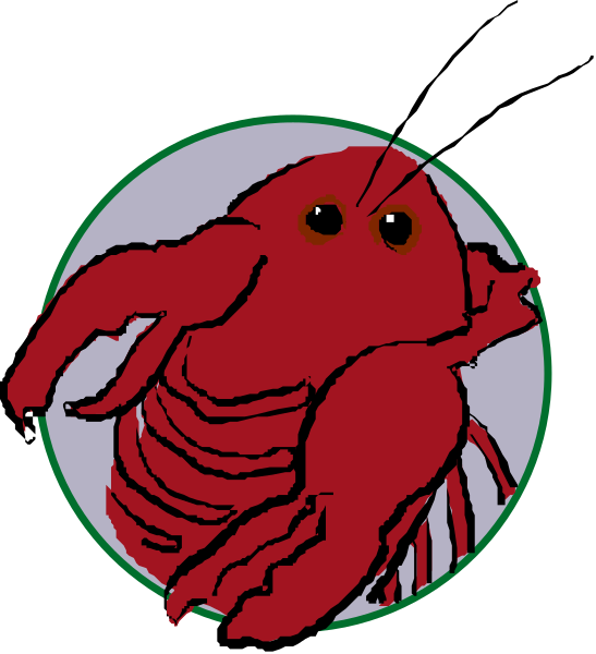 The image shows a cartoon lobster with red shells inside an oval frame that resembles a badge or emblem.