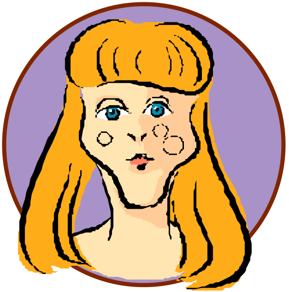 The images show two cartoon portraits of a woman with blonde hair styled into bangs; she has blue eyes and is wearing makeup that includes lipstick and what appears to be eyeliner around her eyes, giving her an exaggeratedly dramatic look in one image compared to the more natural appearance in another. The backgrounds are plain purple circles without any additional details or context provided within these images themselves.