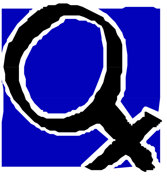 The images show a blue square with white text that reads "X" on top of it next to an icon resembling female genitalia in black ink against a lighter background; below this is another image showing only the word "Female" written above and beside two icons, one being similar to male genitals. The style appears pixelated with limited color palette. There are no people or animals visible within these images. No actions can be confidently determined from such a small clip-art representation of symbols for gender identity. Setting is not applicable as it does not provide any