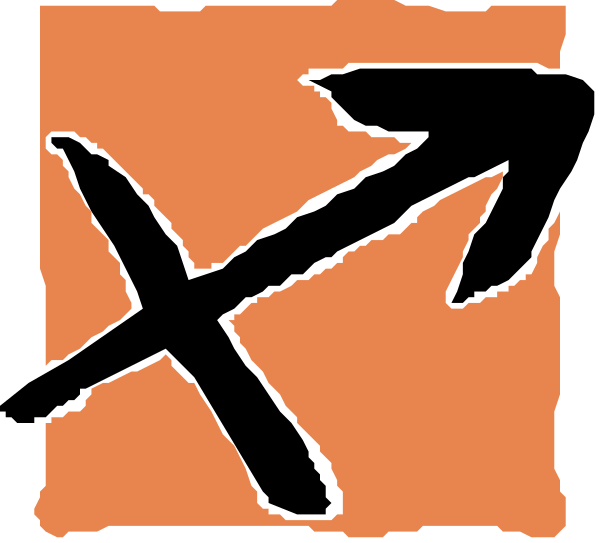 The image shows a logo with an orange background featuring two crossed swords on either side of what appears to be stylized wings in black against white stripes at their base; there is also text that reads "X" and possibly other characters, but it's not clear due to the resolution.