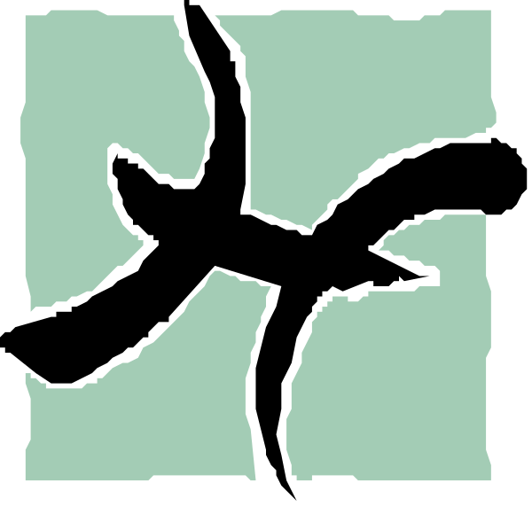 The image shows a black and white illustration of an abstract design that resembles two intertwined branches with leaves at their ends against a light background.