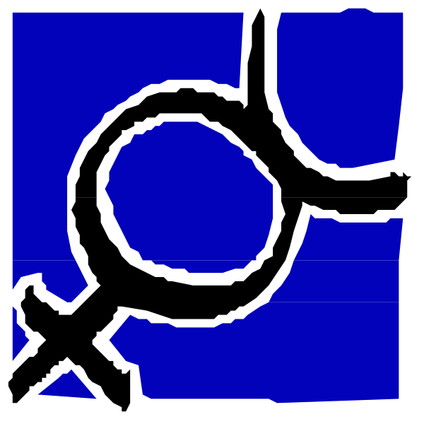 The image shows a blue square with two white symbols: on top left there is an icon of female genitalia (a vulva), next to it in the center right corner is another symbol that appears like a stylized letter 'f' inside what looks like a shield or emblem, and below these are three vertical lines forming a horizontal line. The background behind this square has two shades: dark blue on top half of image and light blue at bottom.