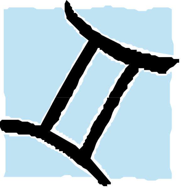 The image shows a simple black and white illustration of two different symbols: on top is an upside-down letter 'E' with three lines extending from it; below that is another symbol resembling a stylized tree, also in monochrome.