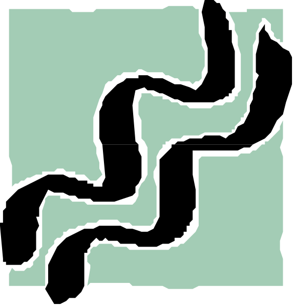 The image shows a simple black and white illustration of two intertwined snakes with their bodies forming an abstract pattern against a light background.