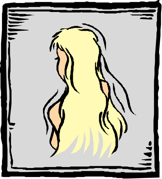 The image shows a cartoon of an animated female character with long blonde hair looking to her right side against a plain background.