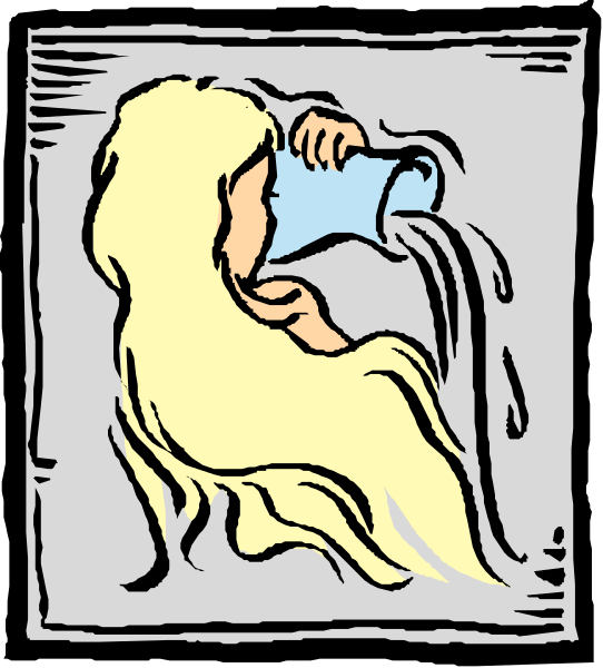 The cartoon depicts a blonde woman pouring water from an open pitcher into her mouth with both hands on either side of it while standing in front of what appears to be a wall-mounted sink, and there is no visible text within this image.