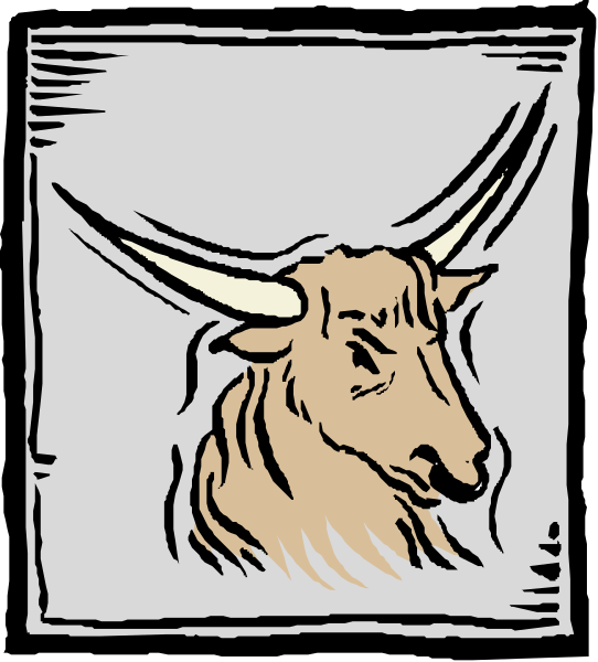 The image shows a cartoon of an animal that resembles a cow with large horns standing inside what appears to be a square frame on a wallpaper background.