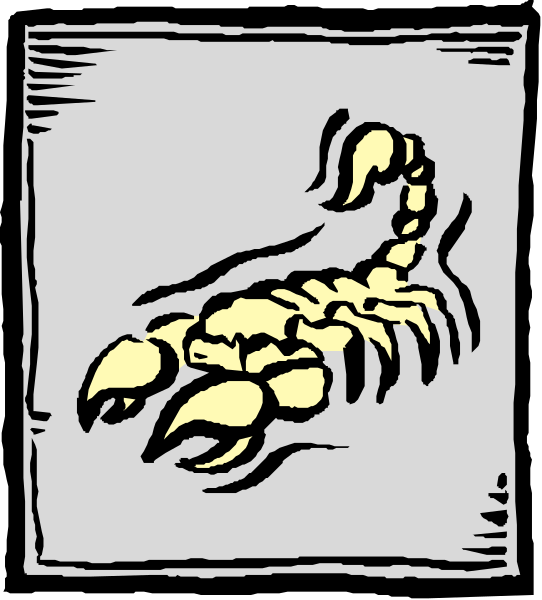 The image shows a stylized depiction of an animal resembling a scorpion with its tail curled upwards in front of it against a plain background.