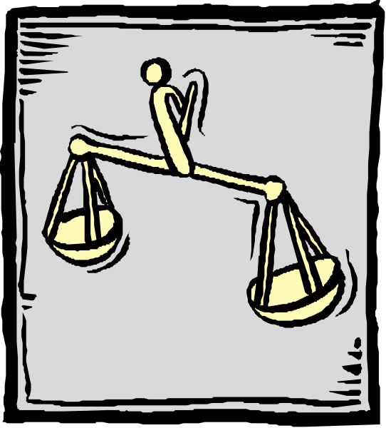The image shows a cartoon of an anthropomorphic figure on a seesaw with scales at either end; it is set against a plain background.