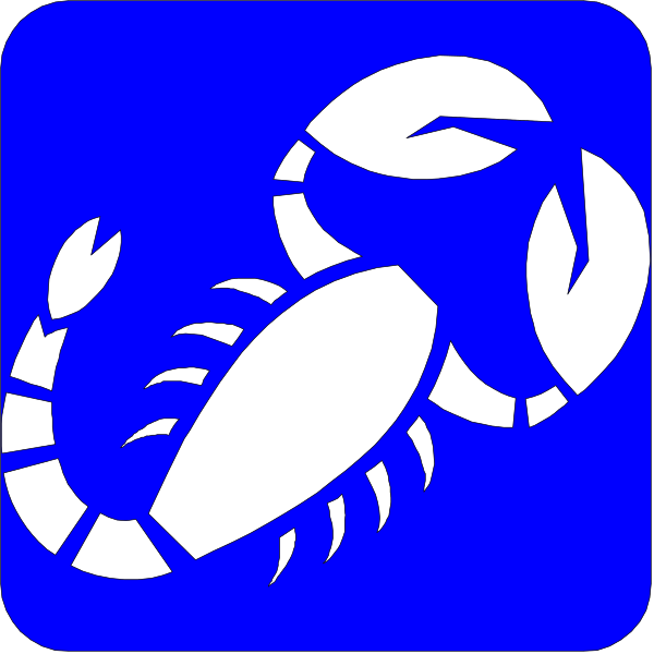 The image shows a blue icon with two white squares inside it; each square contains an illustration of a scorpion in one corner and a stylized crab shell on its back facing upwards, resembling a shield emblem.