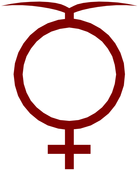 The image shows a red female symbol with an apple on top of it inside what appears to be a black circle against a white background.