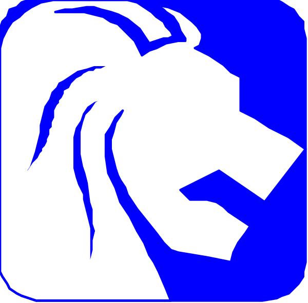 The logo of a company with an abstract design resembling a stylized horse's head on top left corner against blue background.