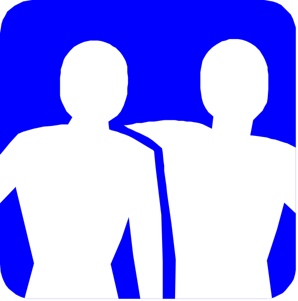 The image shows a blue icon with two white silhouettes of human figures standing side by side against a light background; there is no text present in this particular view.