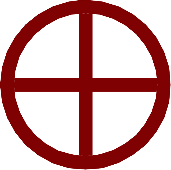 The image shows a red circle with two white crosses intersecting at its center on top of what appears to be an abstract background in black color.