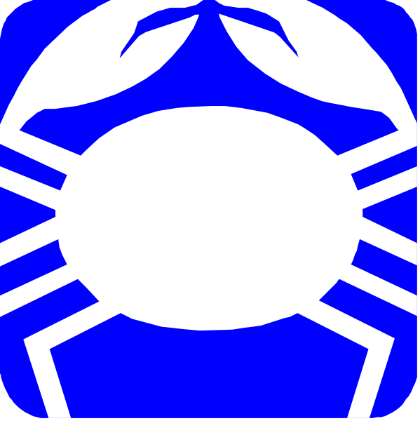 The image shows two identical blue logos with a white crab inside each logo on either side of an icon that resembles a shield-like shape in between them.