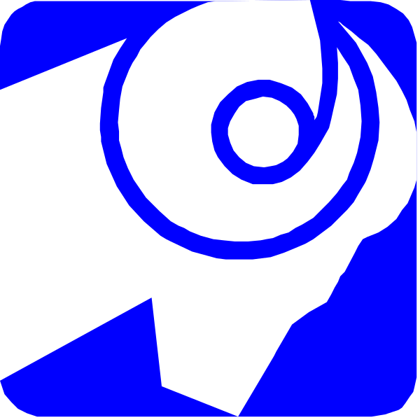 The image shows two identical blue logos with a white swirl design inside them against different backgrounds: on top is set in an outdoor environment under clear skies; below it appears to be indoors, possibly within a building's interior space.