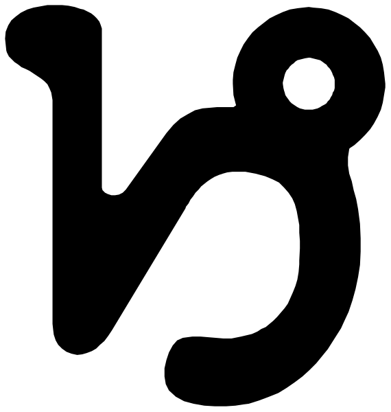 The black and white image shows a simple line drawing of an abstract figure with two eyes on top of what appears to be a rectangular shape resembling a headband or hat-like structure atop its body, which is also in rectangle form but smaller than the first one.