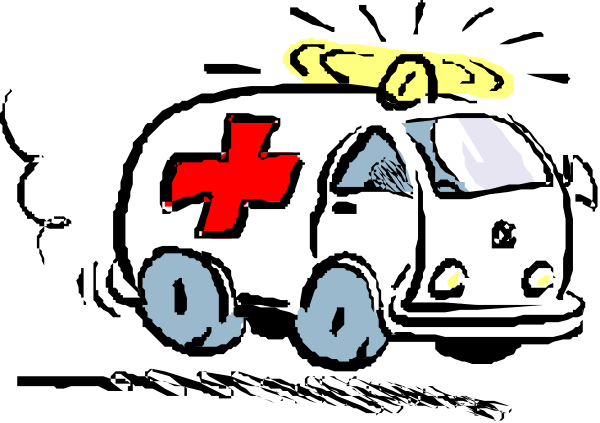 The cartoon shows an ambulance with a yellow cross on its side driving down a road at nighttime.
