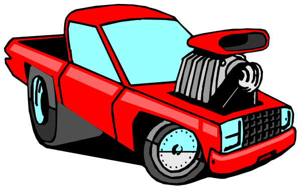 The image shows a red pickup truck with an open hood parked on what appears to be asphalt surface at nighttime.