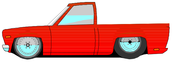 The image shows a red pickup truck with white wheels parked on an unseen surface at nighttime.