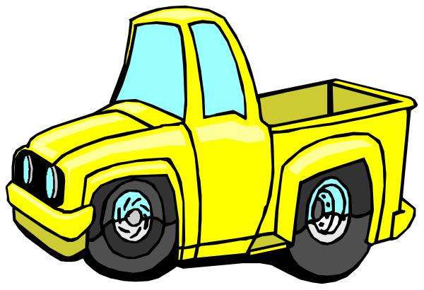The image shows a yellow truck with two wheels visible on its left side parked next to an unseen roadside.