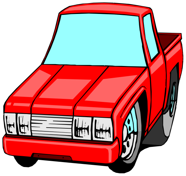 The image shows a red pickup truck with two wheels visible on its left side against a black background.