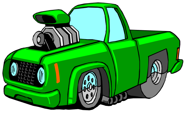 The cartoon shows a green pickup truck with an oversized engine on top parked next to it.