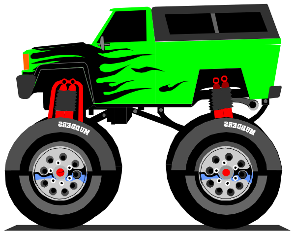 The image shows a cartoon truck with flames painted on it parked next to two spare tires mounted under its hood.