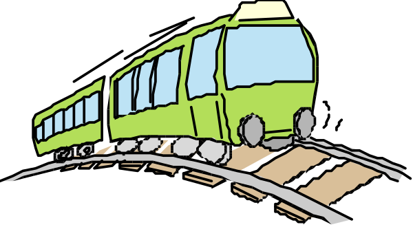 The image shows a cartoon of an electric train on tracks with three cars behind it, traveling along railroad ties under what appears to be nighttime conditions.