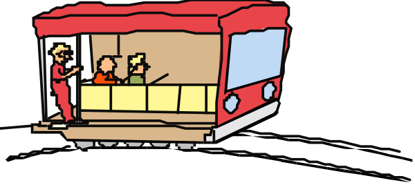 The cartoon shows a red train with two passengers riding on it; there is no text present within this small clip-art image.