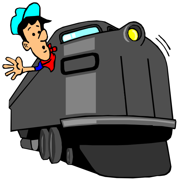 The cartoon shows a large black train with an open door on its side, where two animated characters appear to be interacting: one is inside holding onto something while waving at someone outside who seems surprised by this action; both have exaggerated facial expressions and gestures typical of animation styles.