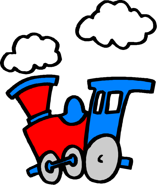 The black and white illustration features a train with two cars on tracks next to each other under what appears to be an overcast sky filled with clouds.