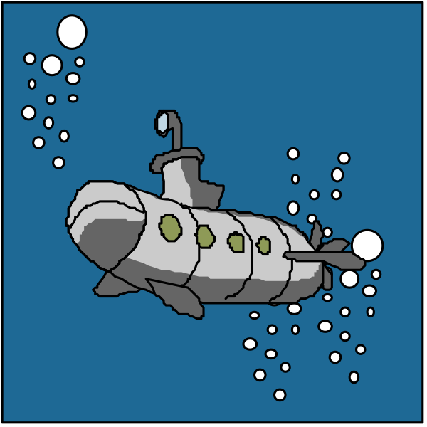 The image shows a submarine with bubbles around it underwater on what appears to be an ocean floor background.
