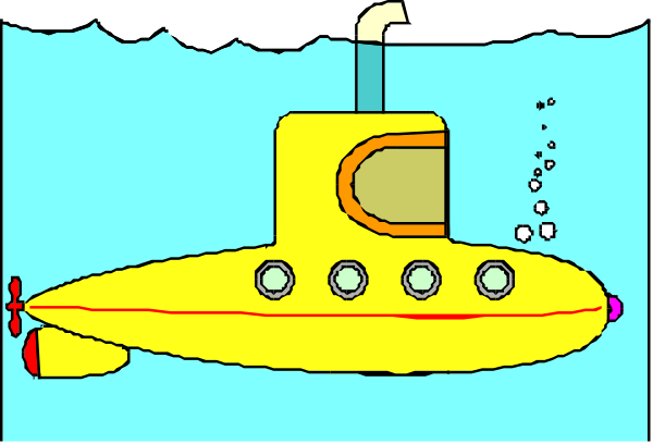 The image shows a cartoon of an underwater scene with two panels: on top is a submarine peeking out from below water; at bottom is another panel showing bubbles rising to surface as if coming up for air, and above it floats a yellow submersible that looks like the one in the upper picture.