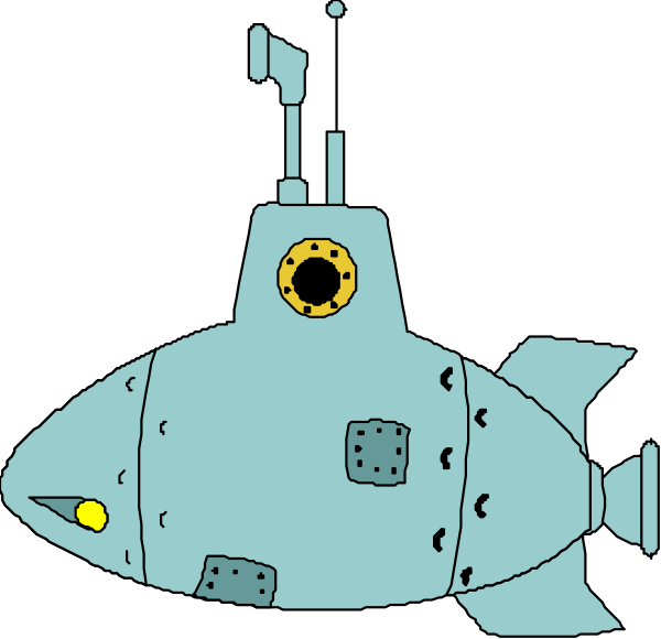 The image shows a cartoon submarine with an open hatch on top, featuring two windows near each other at front end of submerged vessel; it has one visible window in back as well.