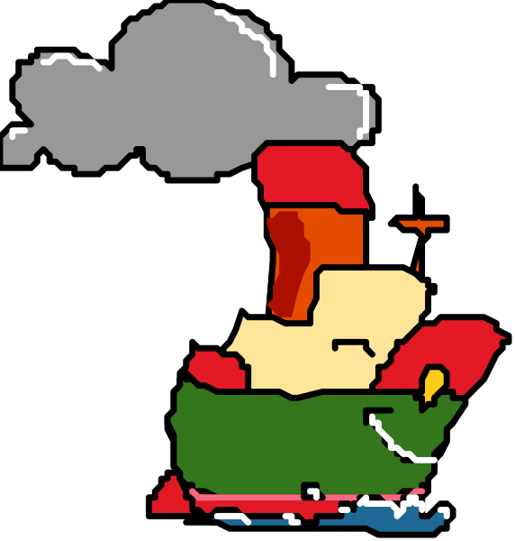 The first frame shows a cartoon of an old steam locomotive with smoke billowing from its stack; it's on tracks in what appears to be daylight under cloudy skies. In the second, there is a ship sailing through rough seas at nighttime, and above it are two clouds that look like they have faces or expressions: one looks angry (with red eyes), while the other seems contented with blue eyes.