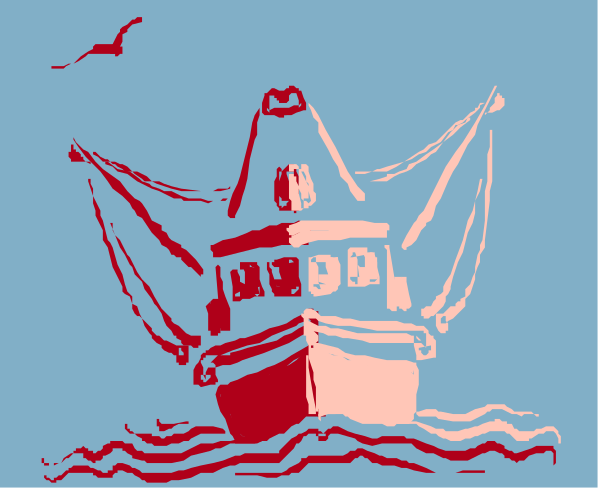 The image shows a stylized illustration of an old fishing boat on water with waves around it under what appears to be a blue sky background.