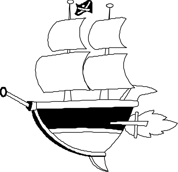 The black and white illustration shows a classic sailing ship with three masts against an open sky background.