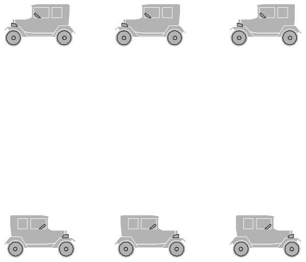 The image shows a sequence of six identical vehicles that appear to be old cars with rounded bodies parked side by side against what looks like an urban backdrop; there is no text present in this clip-art illustration, and it does not depict any people or animals.