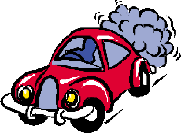 The cartoon shows a red car with smoke coming out of its hood driving on an unseen road at nighttime under clear skies.