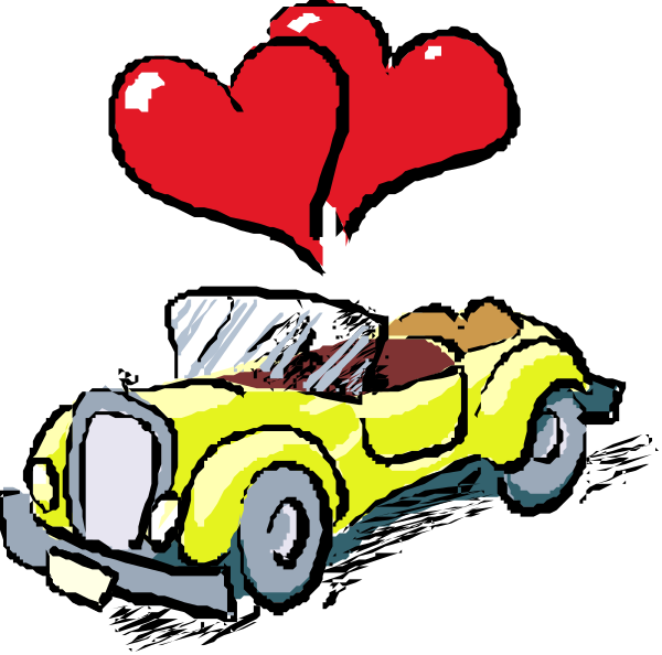 The cartoon shows a yellow car with two hearts floating above it on either side of its roof; there is also an image of a broken heart in front of the vehicle.
