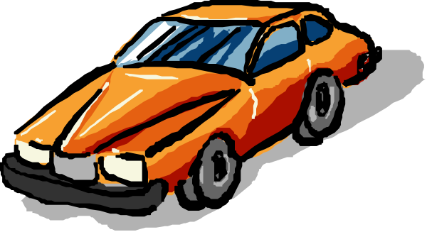 The image shows a cartoon of two cars: an orange sports car with flames on it driving away from viewer's perspective in front of another smaller vehicle that appears to be following behind at some distance; both vehicles have black wheels and windows, suggesting motion through shading or color variation.