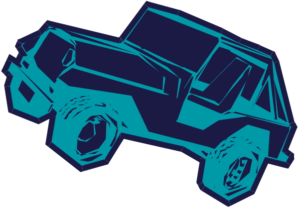 The image shows a cartoon of an offroad vehicle with blue wheels on top against a black background.