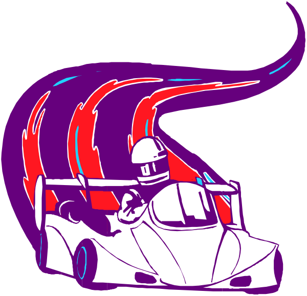 The image shows a cartoon of an animated race car with two wheels visible on its side, driving at high speed around what appears to be a track under neon lights that create swirling patterns in shades of purple and red behind it.