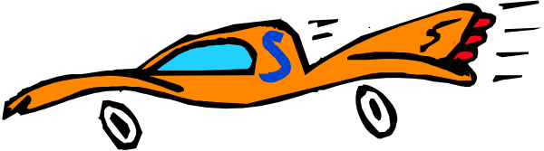 The image shows a car with an orange body and blue wheels driving on what appears to be a road at nighttime.