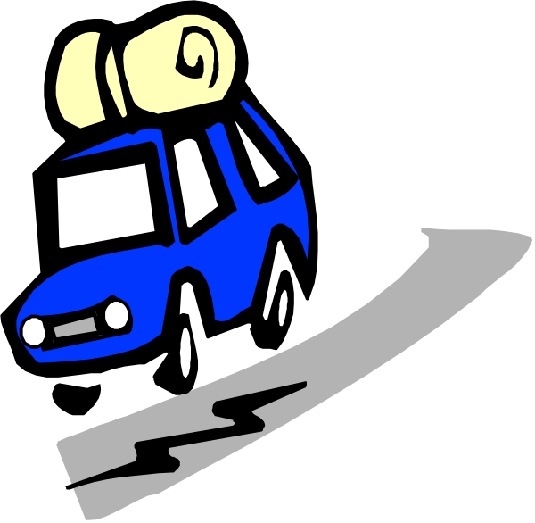 The black and white cartoon shows a car with luggage on top of it driving down an inclined road that appears to be cracked in places due to its steepness; there is no visible text within this image, which focuses solely on illustrating these objects: 1 vehicle (car), 2 pieces of rolling baggage. The setting includes the following elements: a car with luggage atop it and two cracks along an inclined road that suggests movement or travel downhill. There are also some unidentified shapes in black, which could be interpreted as abstract representations of objects but their specific