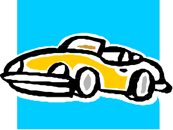 The image shows a cartoon of an animated car on wheels against a blue background with no other discernible elements present in this small clip-art format.