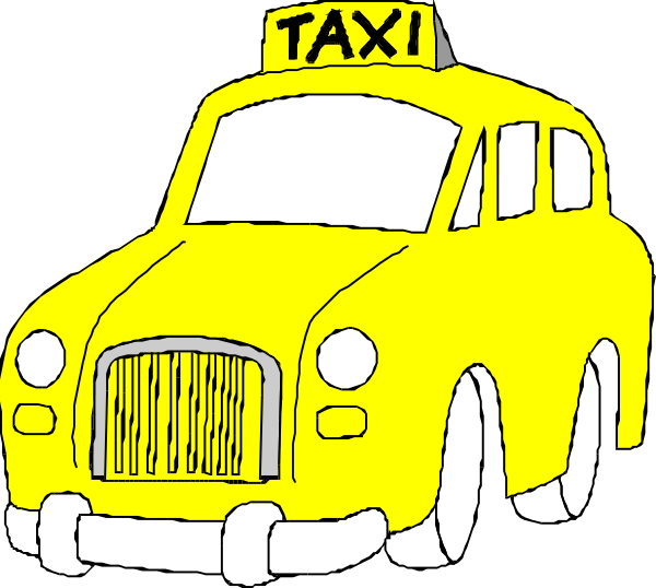 The black and white illustration shows a yellow taxi cab parked next to another identical car on what appears to be an urban street with no visible textures for details like buildings or sidewalks; there is also a small, simple depiction of a person standing near both vehicles in front of the taxis.