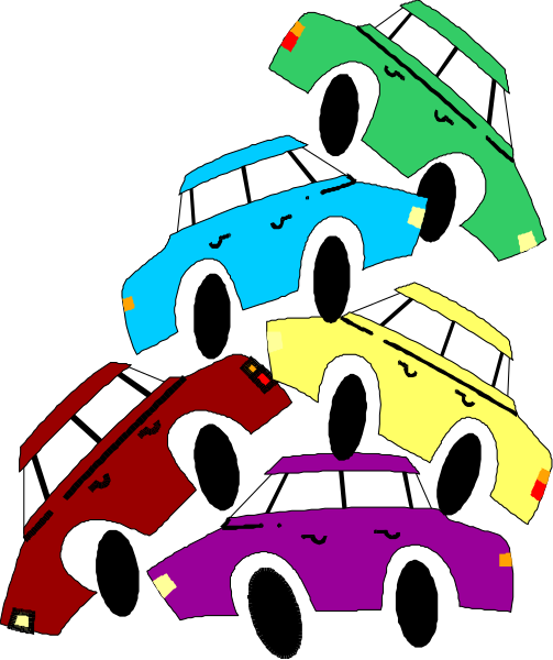The image shows four colorful cars stacked on top of each other with a black background.